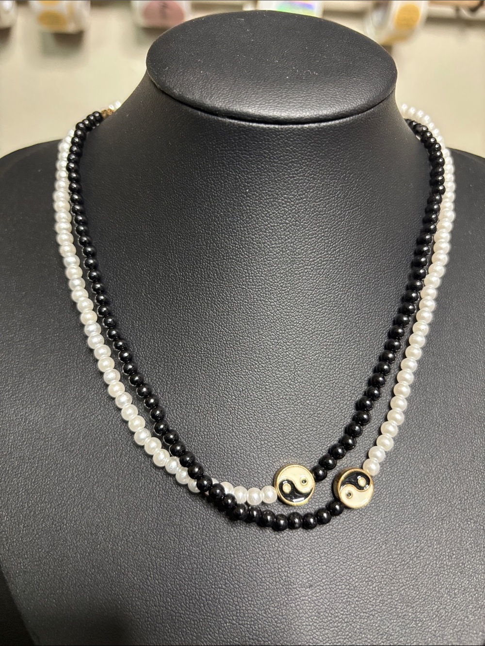 Elegant Yin Yang Double Strand Necklace - Black & White Pearls